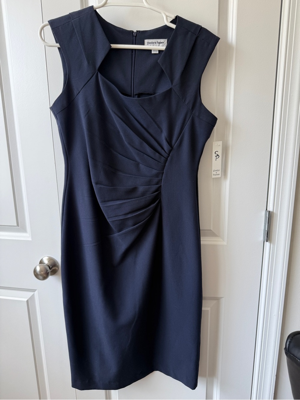 Shelby & Palmer Navy Sleeveless Sheath Dress with Draped Front Pleats